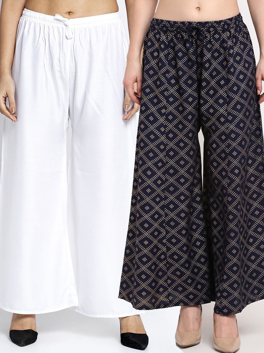 Jinfo Women Pack Of 2 White & Navy Blue Printed Flared Knitted Ethnic Palazzos Price in India