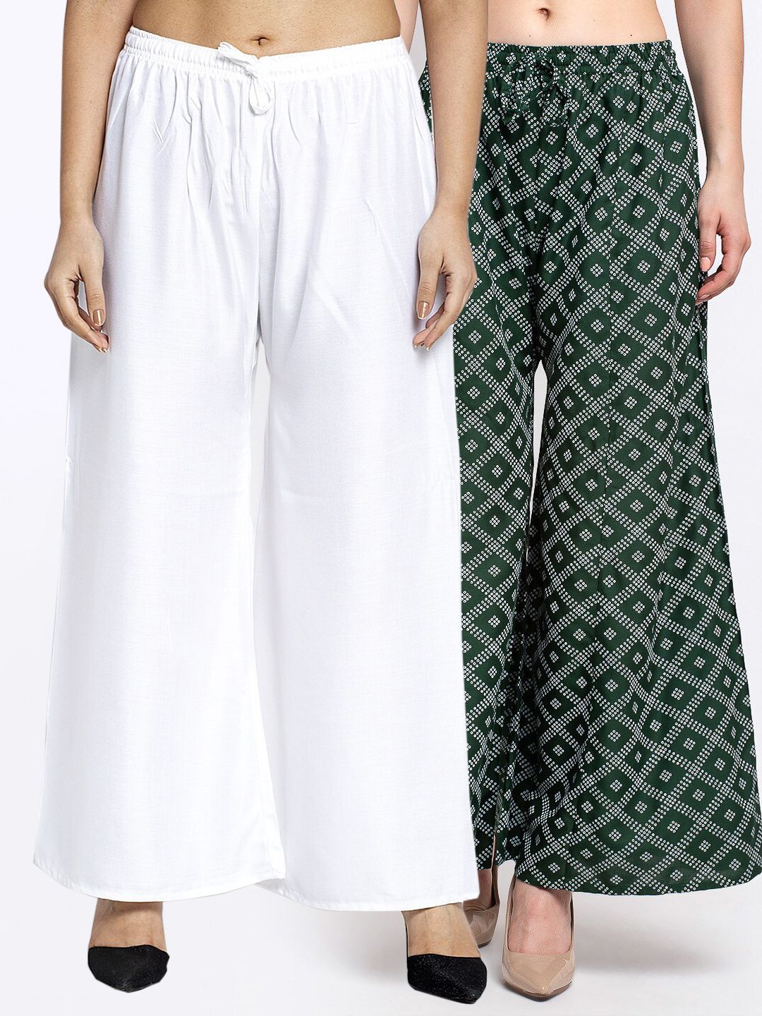 Jinfo Women Pack Of 2 White & Green Printed Flared Knitted Ethnic Palazzos Price in India