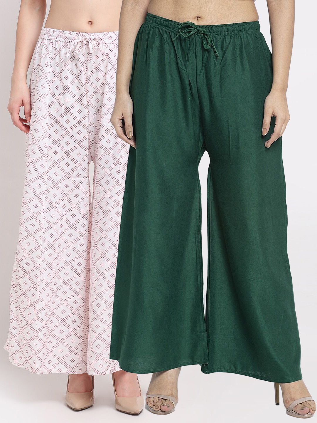 Jinfo Women Pack Of 2 Green & White Printed Flared Knitted Ethnic Palazzos Price in India