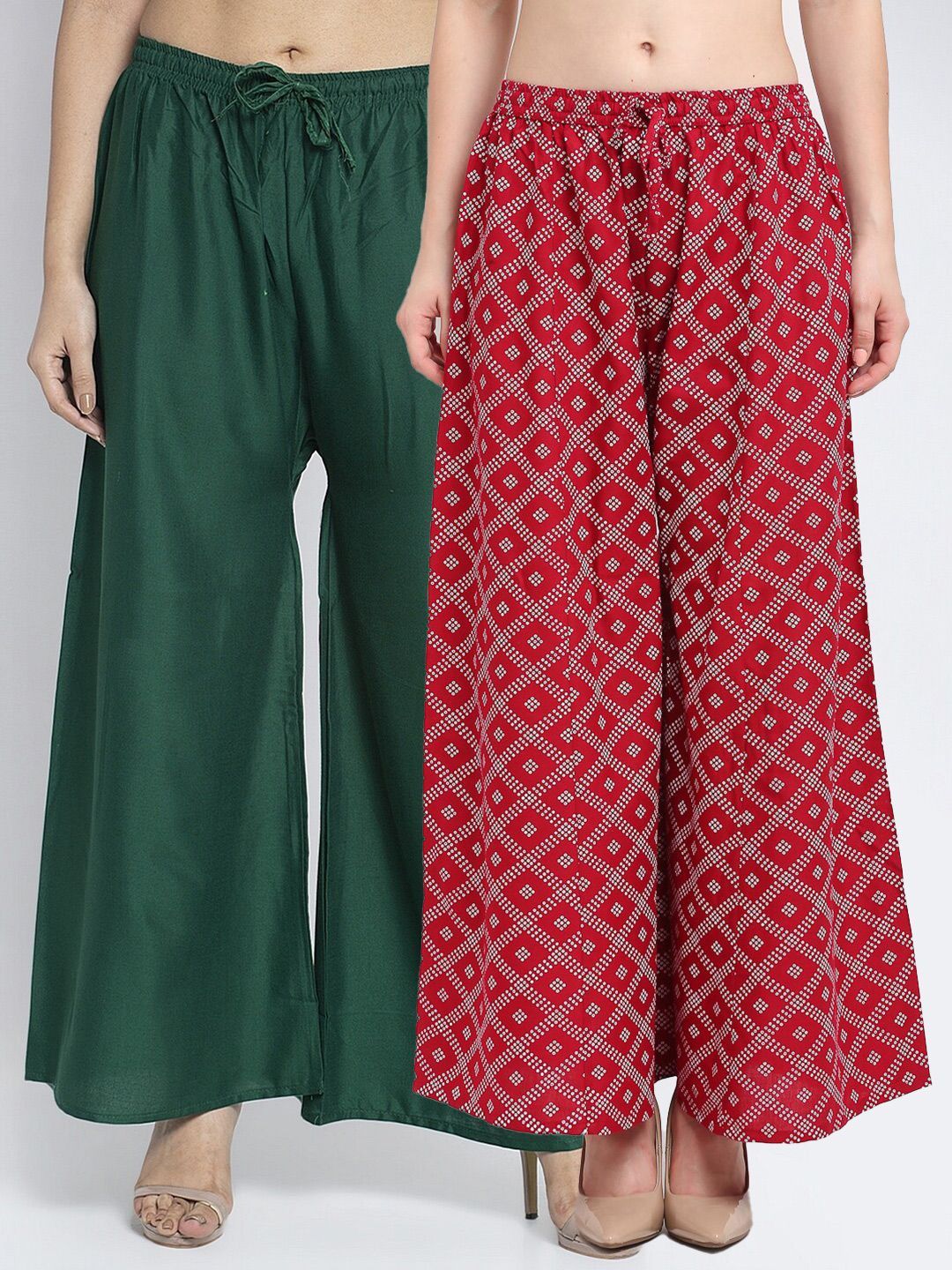 Jinfo Women Pack Of 2 Green & Red Printed Flared Knitted Ethnic Palazzos Price in India