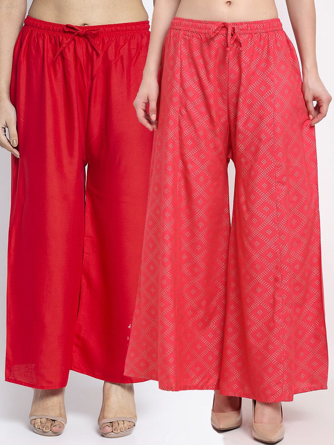 Jinfo Women Set Of 2 Red & Coral Knitted Ethnic Palazzos Price in India