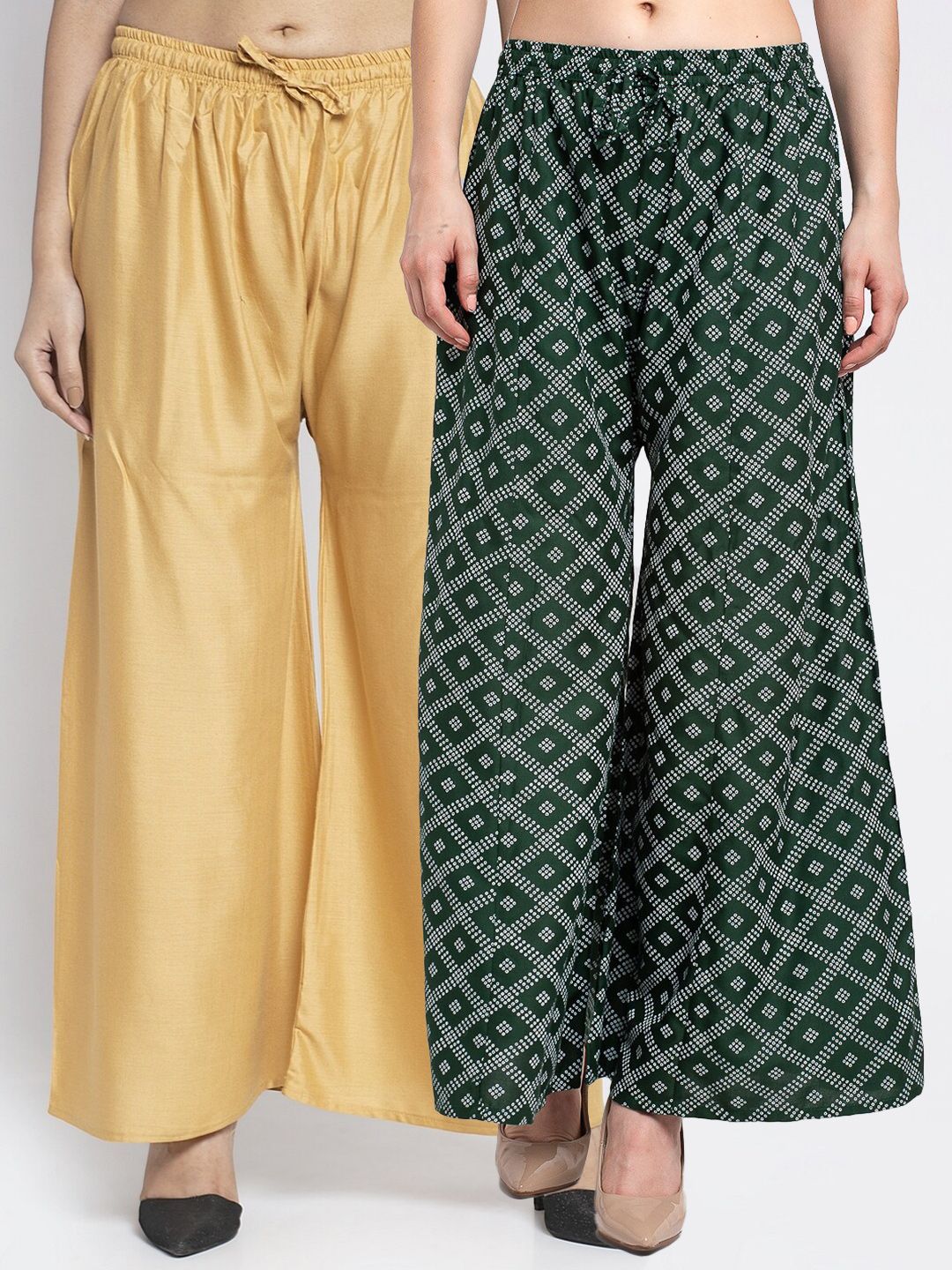 Jinfo Women Beige & Green Set Of 2 Printed Flared Knitted Ethnic Palazzos Price in India