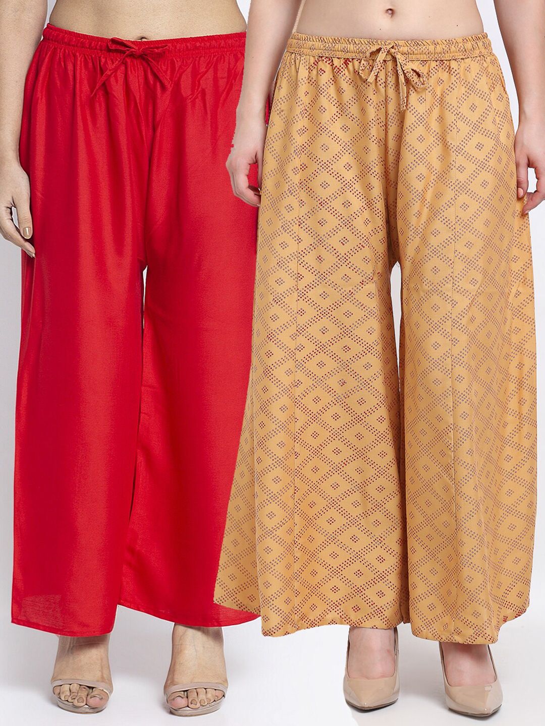 Jinfo Women Red & Beige Set Of 2 Printed Flared Knitted Ethnic Palazzos Price in India