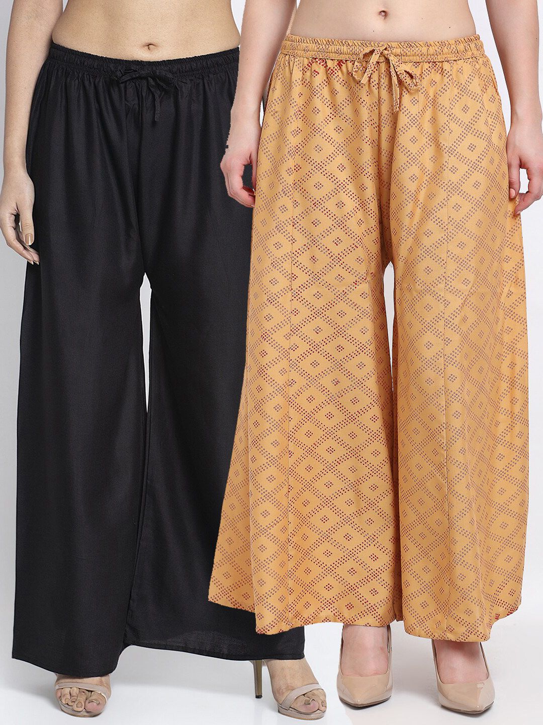 Jinfo Women Pack Of 2 Black & Beige Printed Flared Knitted Ethnic Palazzos Price in India