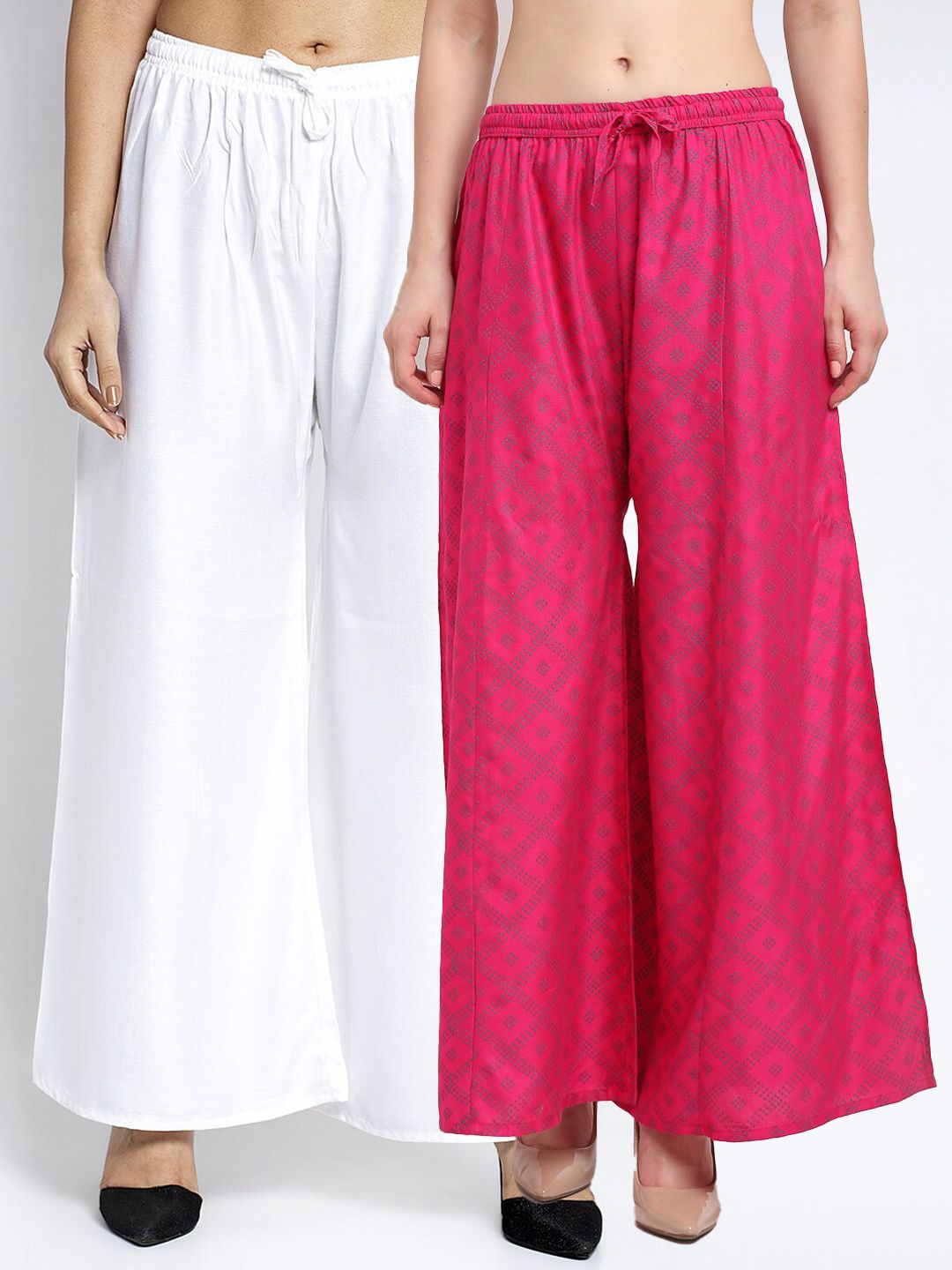 Jinfo Women Set Of 2 White & Pink Flared Ethnic Palazzos Price in India