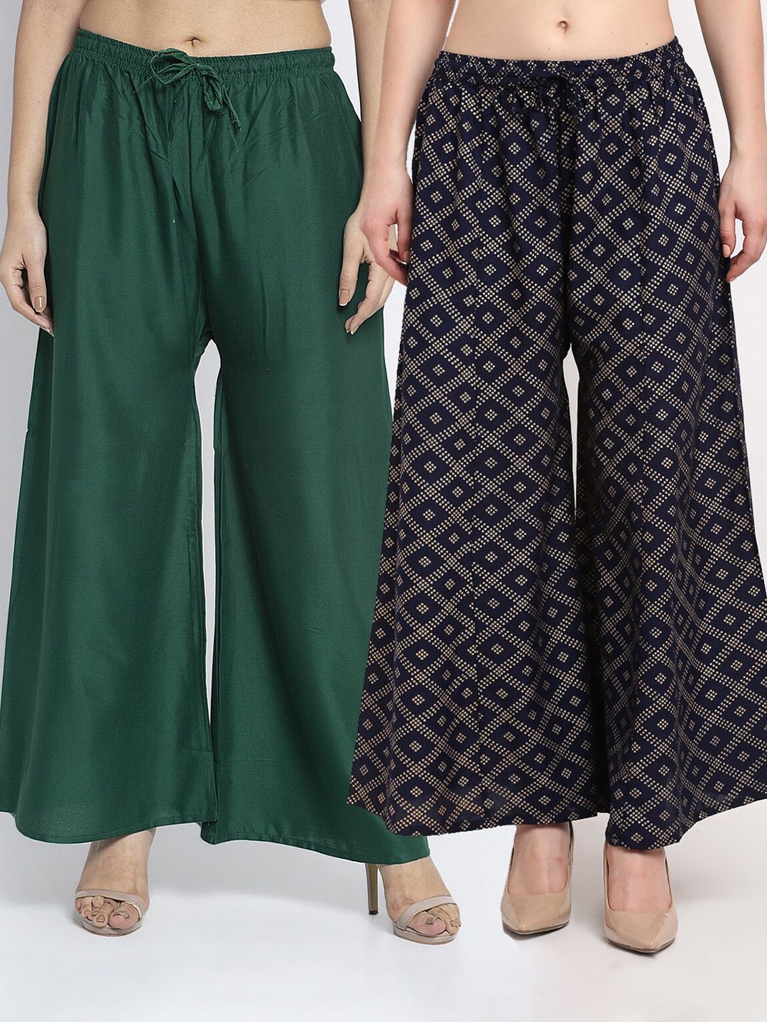 Jinfo Women Pack Of 2 Green & Navy Blue Printed Flared Knitted Ethnic Palazzos Price in India