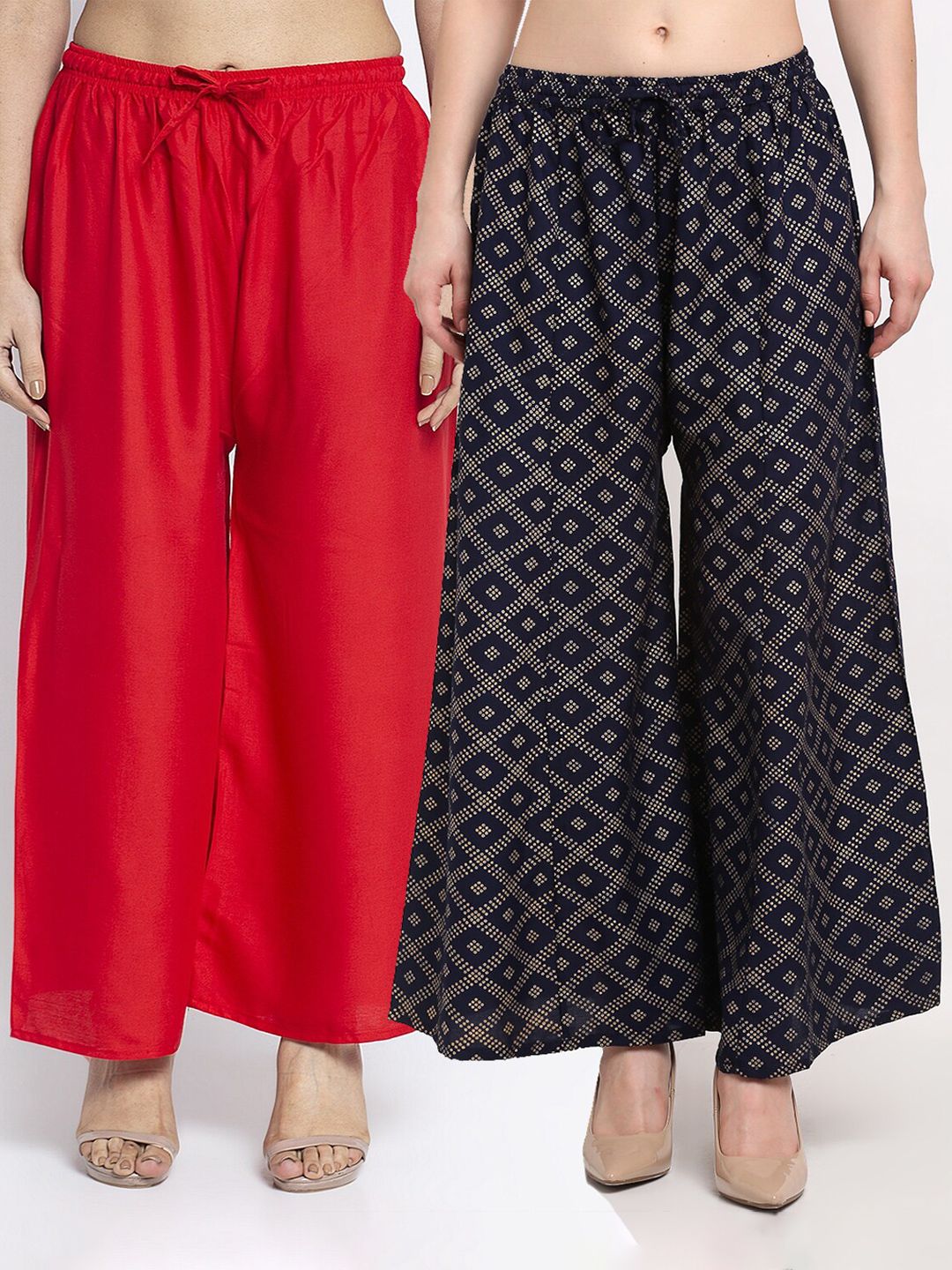 Jinfo Women Red & Navy Blue Pack of 2 Flared Ethnic Palazzos Price in India