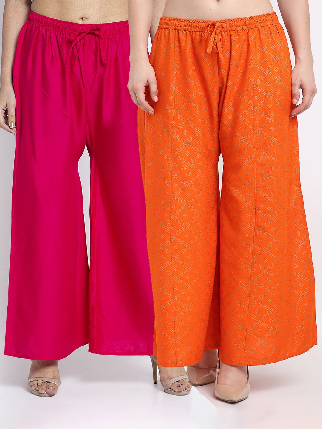 Jinfo Pack of 2 Pink & Orange Printed Flared Knitted Ethnic Palazzos Price in India