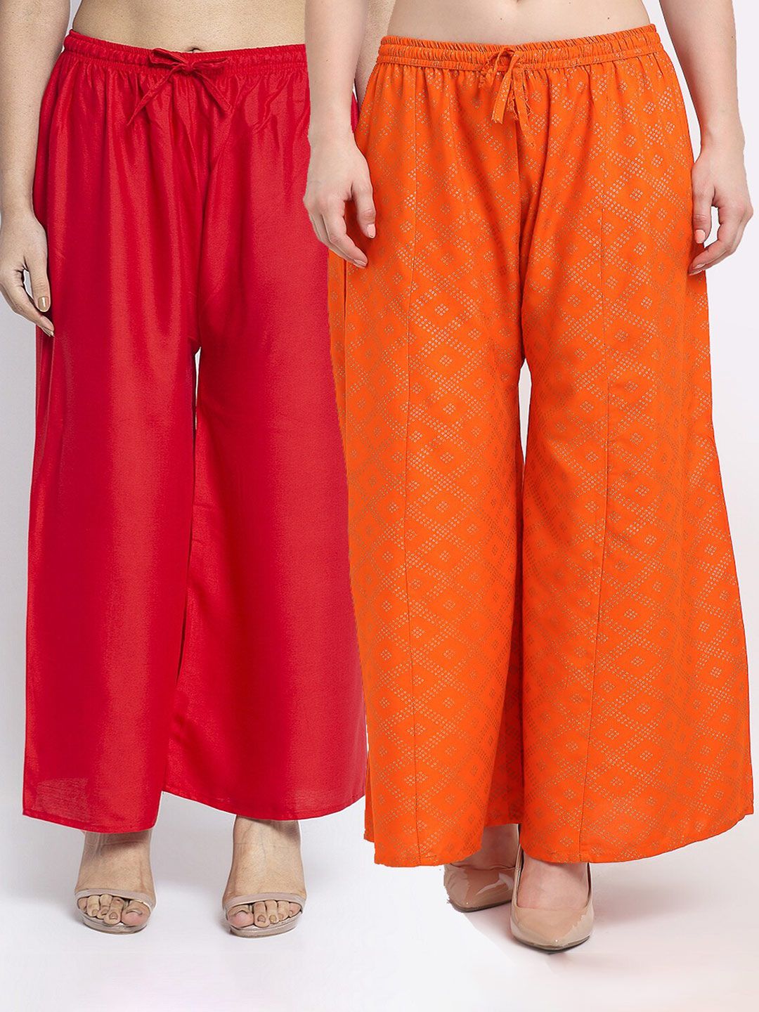 Jinfo Women Pack Of 2 Red & Orange Printed Flared Knitted Ethnic Palazzos Price in India