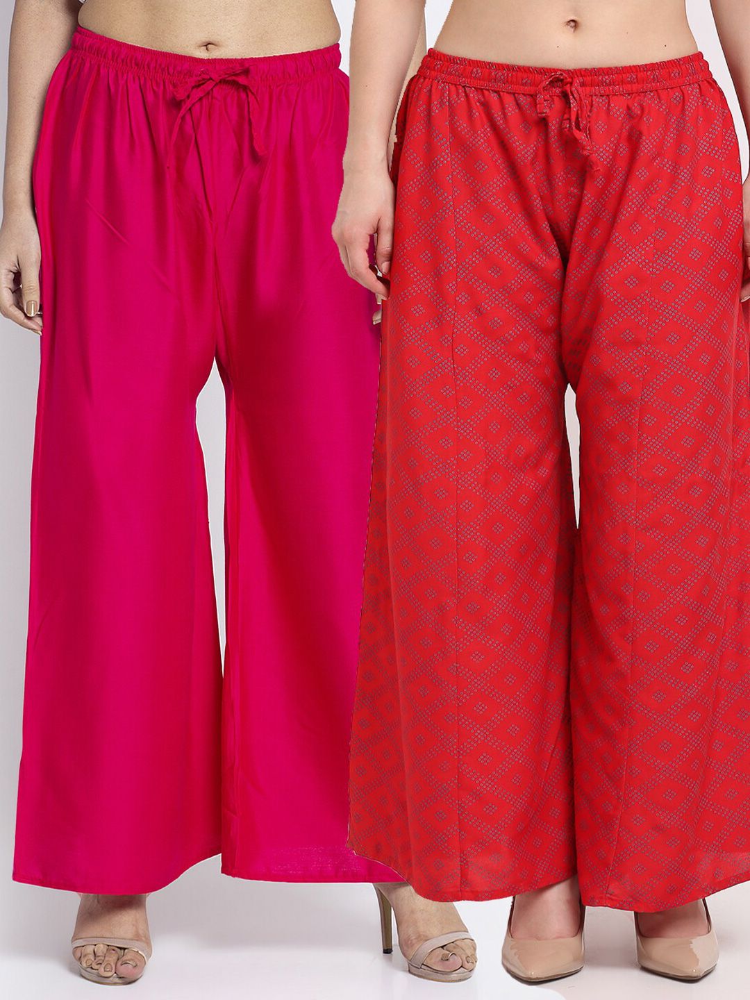 Jinfo Women Pack of 2 Pink & Red Printed Flared Ethnic Palazzos Price in India