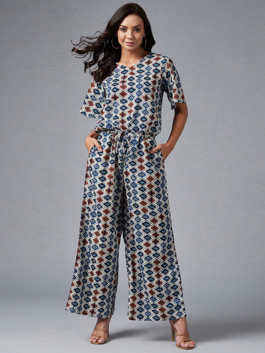 Azira White & Blue Printed Basic Jumpsuit Price in India