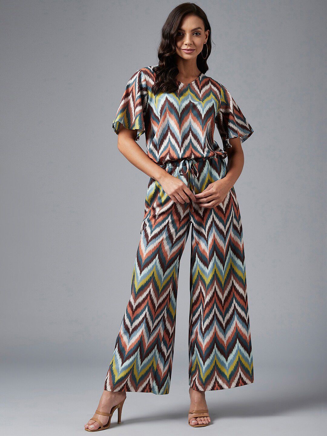 Azira White & Brown Printed Basic Jumpsuit Price in India