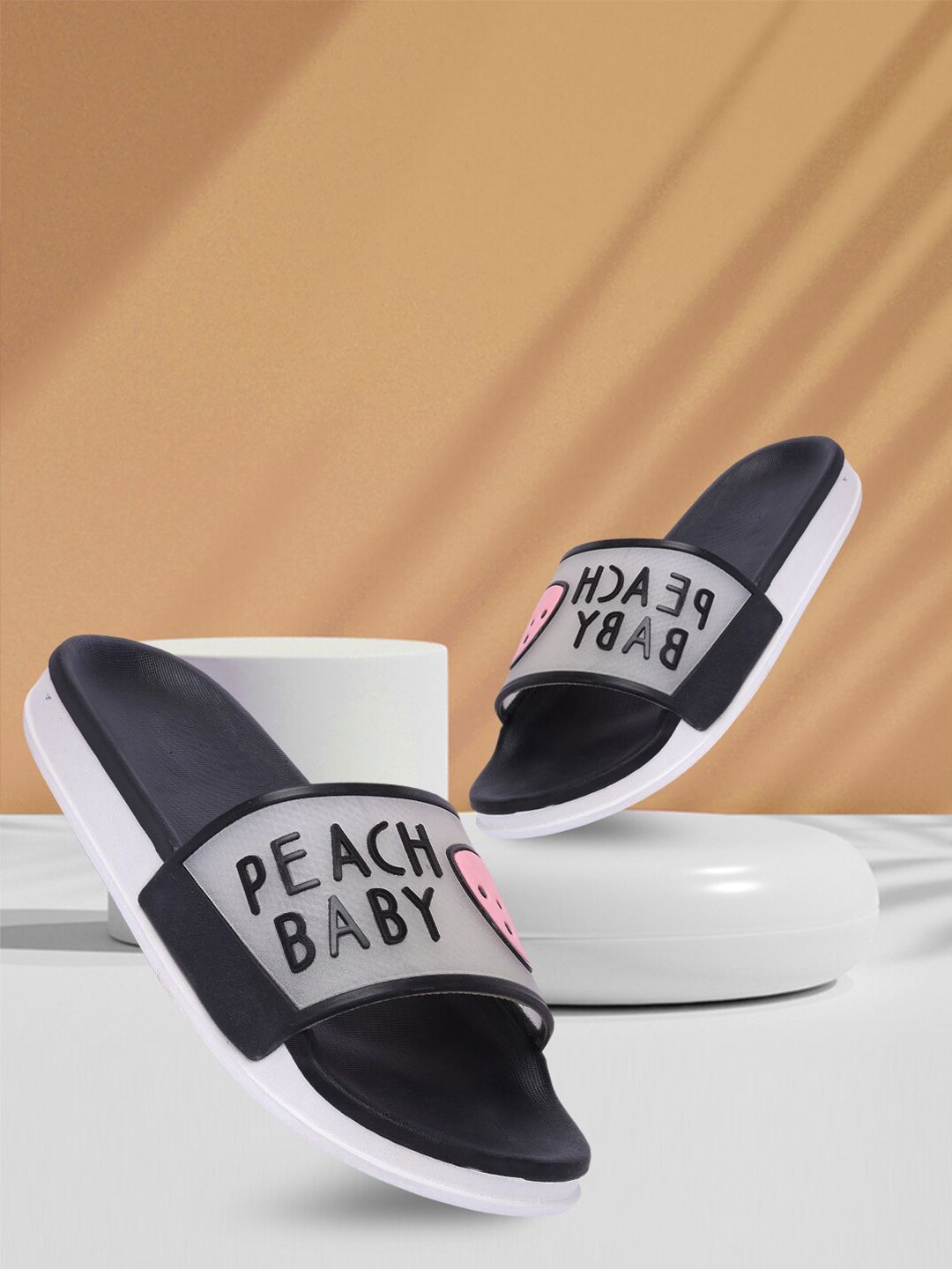 Longwalk Women Black & Grey Typography Printed Sliders Price in India