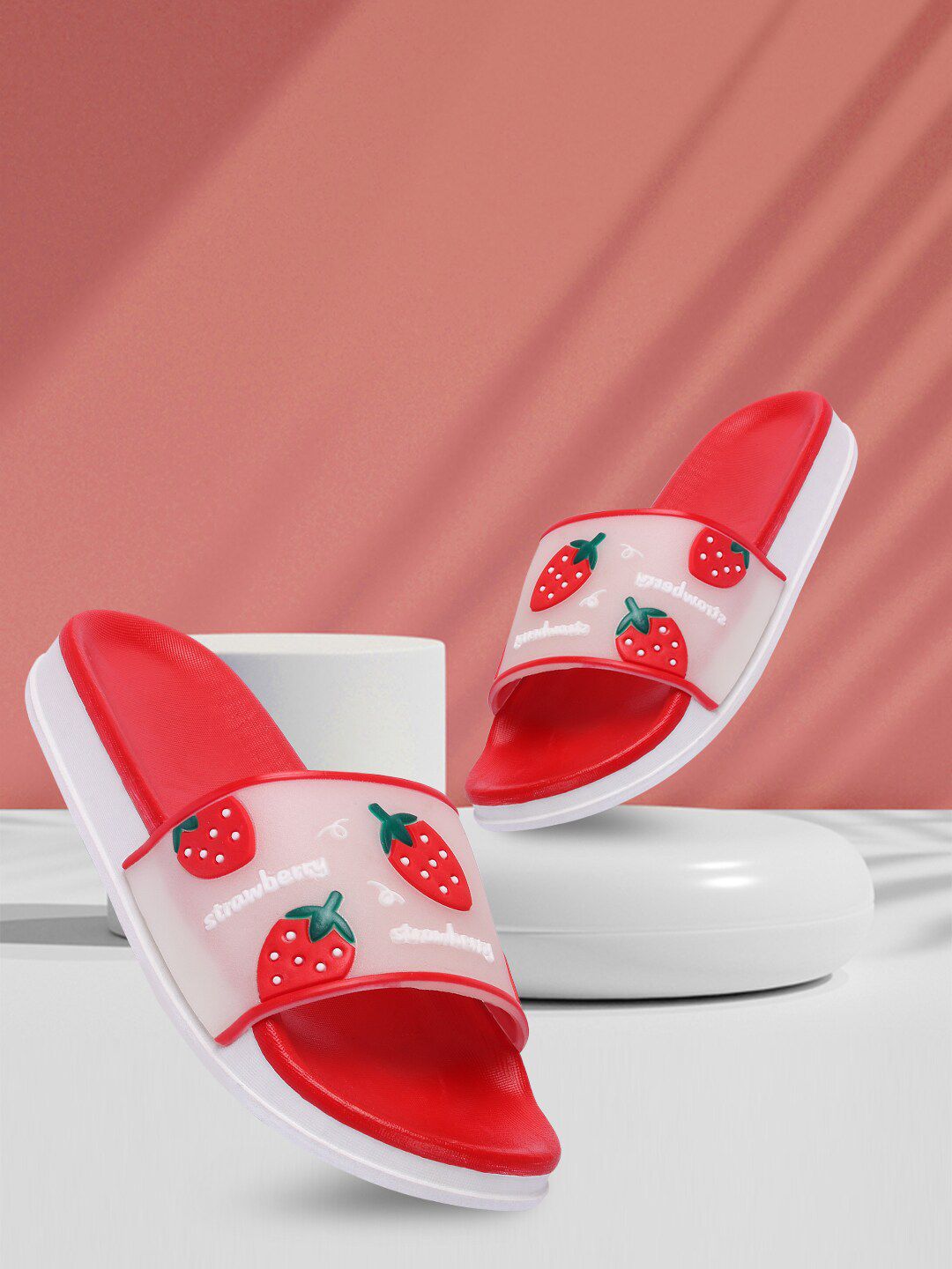 Longwalk Women Red & White Printed Sliders Price in India