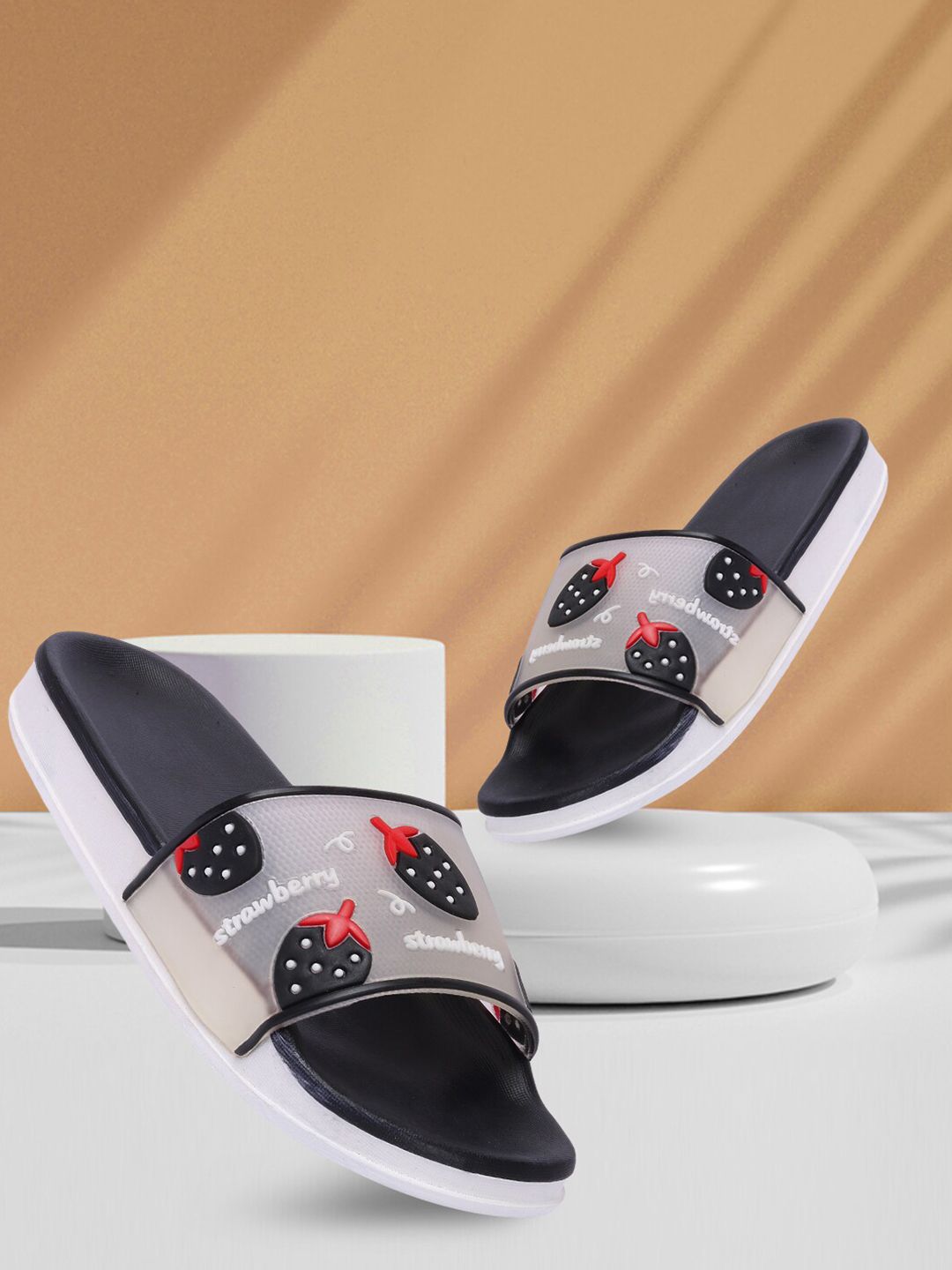 Longwalk Women Black & White Printed Sliders Price in India