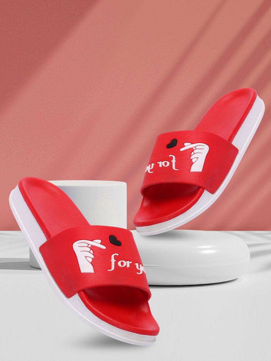 Longwalk Women Red & White Printed Sliders Price in India