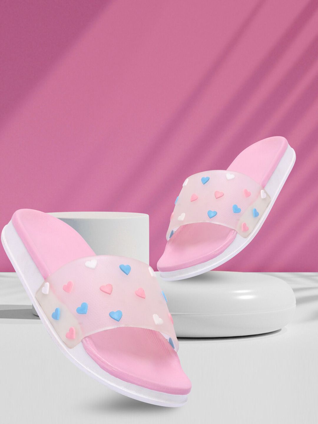 Longwalk Women Pink & White Printed Sliders Price in India