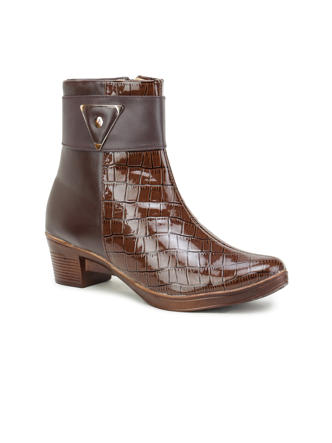 TRASE Brown Textured Block Heeled Boots with Buckles Price in India