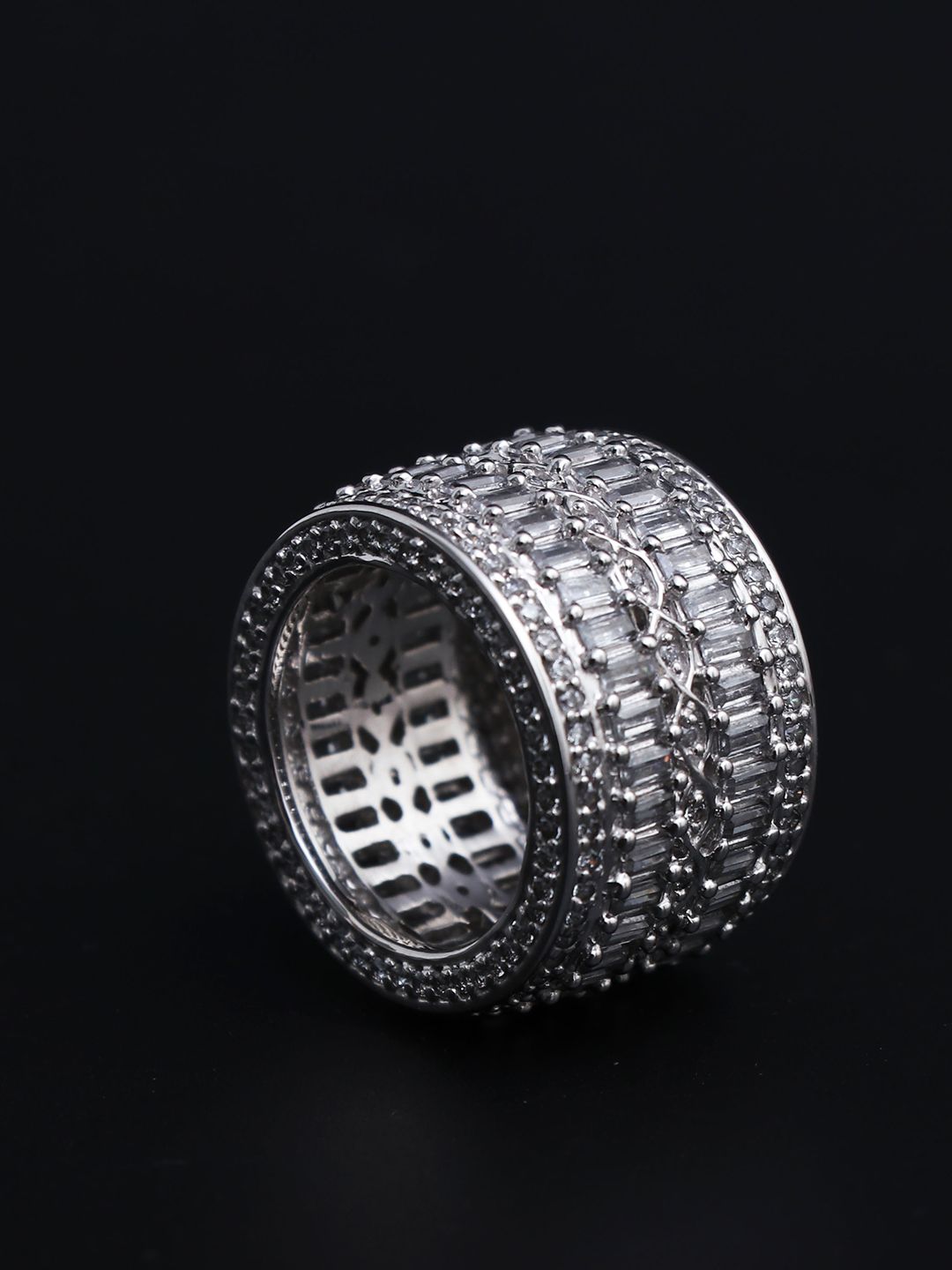HIFLYER JEWELS Sterling Silver Rhodium-Plated & White CZ-Studded Hall-Marked Finger Ring Price in India