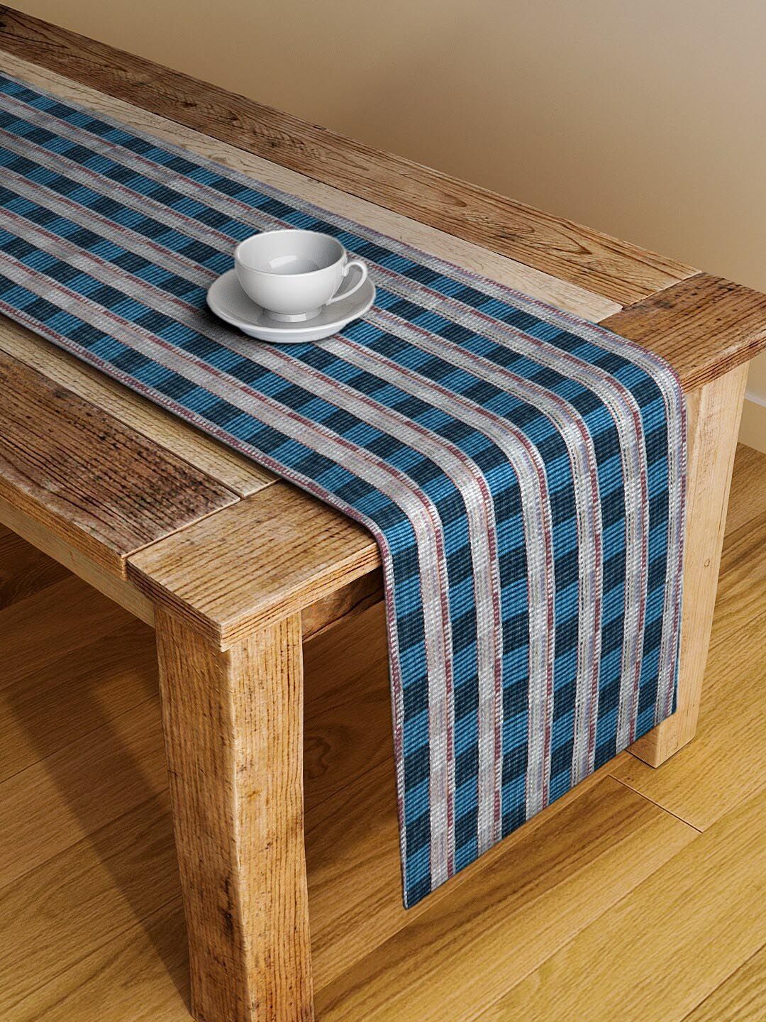 Dhrohar Blue Checked Hand Woven Premium Cotton Table Runner Price in India