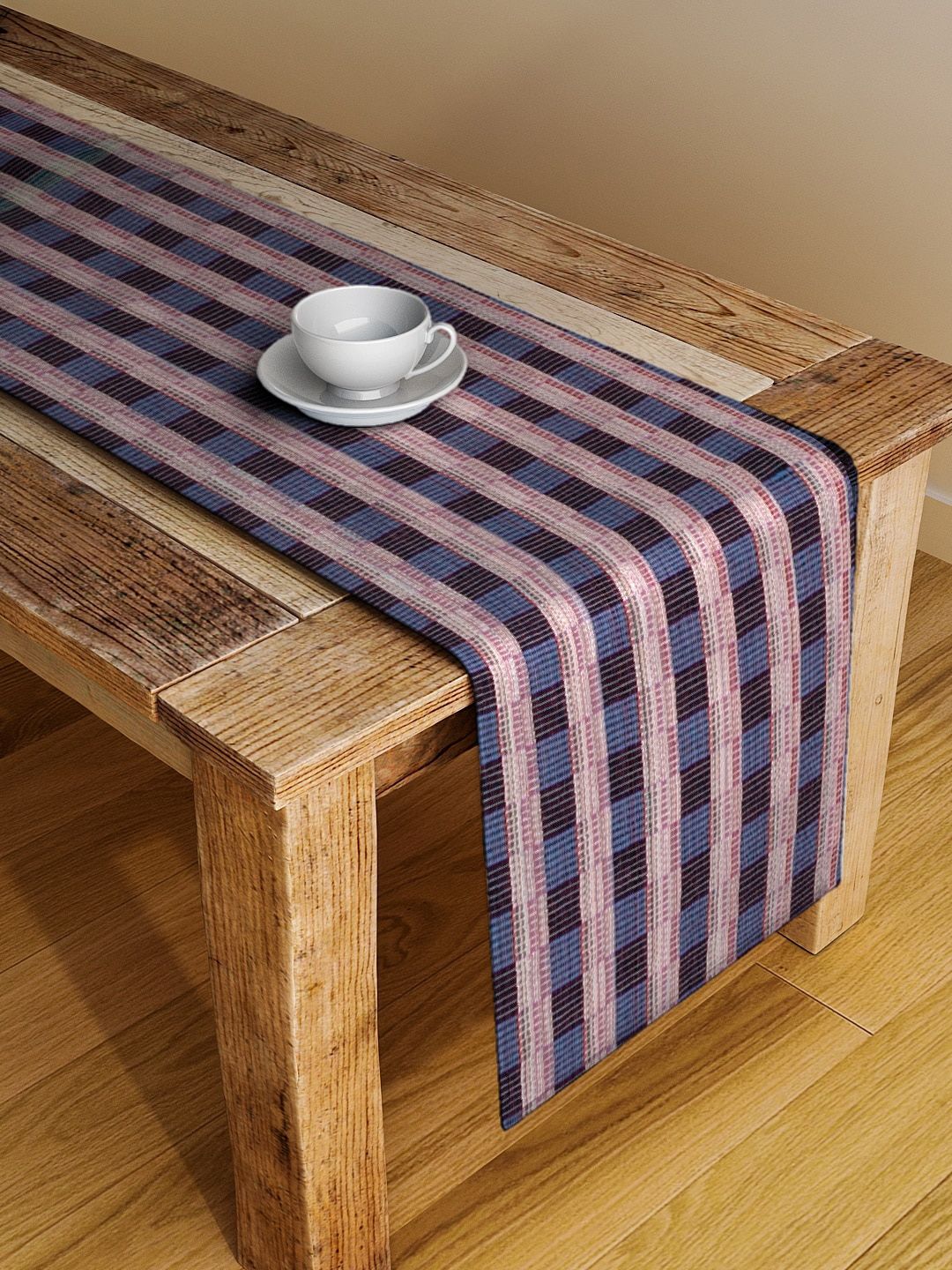 Dhrohar Blue & Pink Checked Cotton Table Runner Price in India