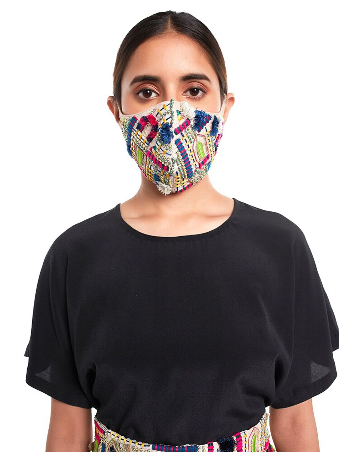 Payal Singhal Women Beige & Grey Embroidered Pure Cotton Anti-Pollution Cloth Mask Price in India