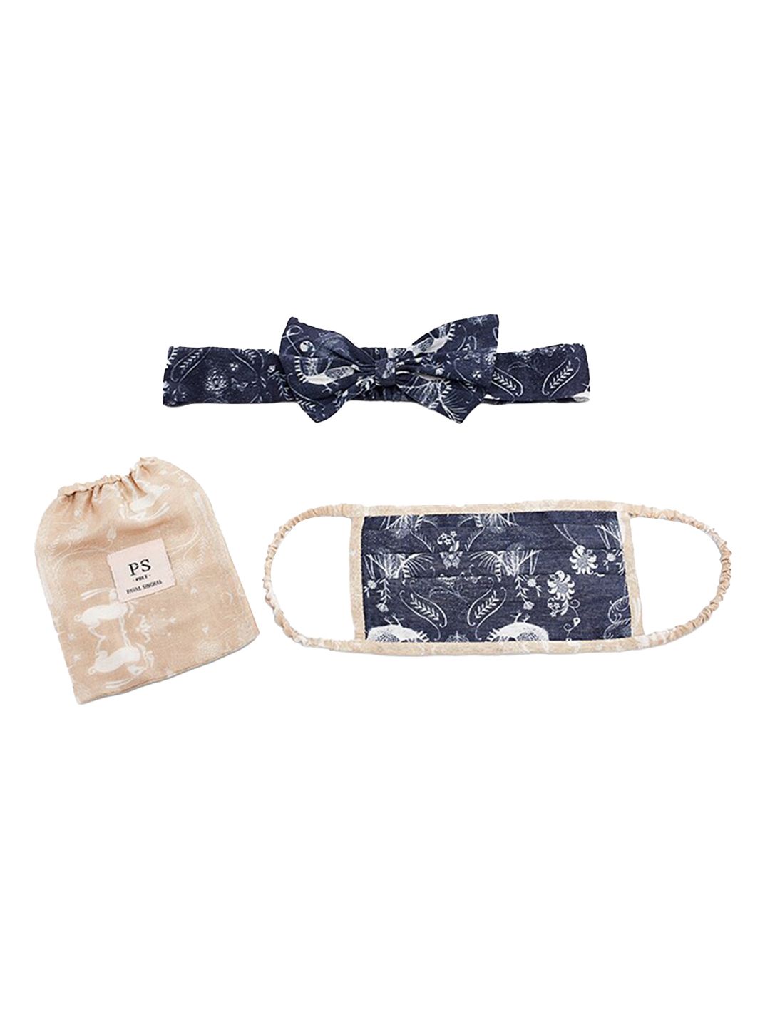 Payal Singhal Navy Blue & Beige 3 Ply Mask With Pouch And Hairband Set Price in India