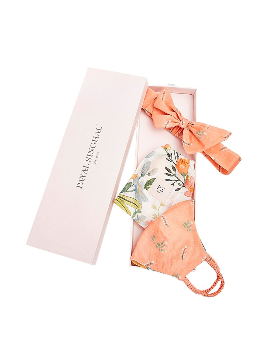 Payal Singhal Women Off-White & Peach-Coloured Printed 3-Ply Reversible Mask With Headband Price in India