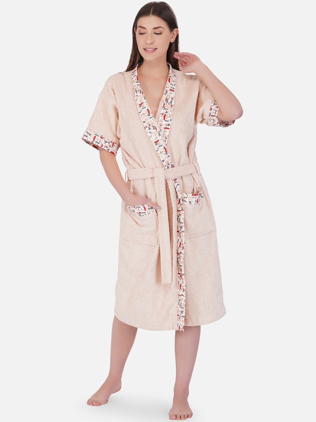 RANGOLI Women Peach Coloured Solid Bathrobe With Slippers Price in India