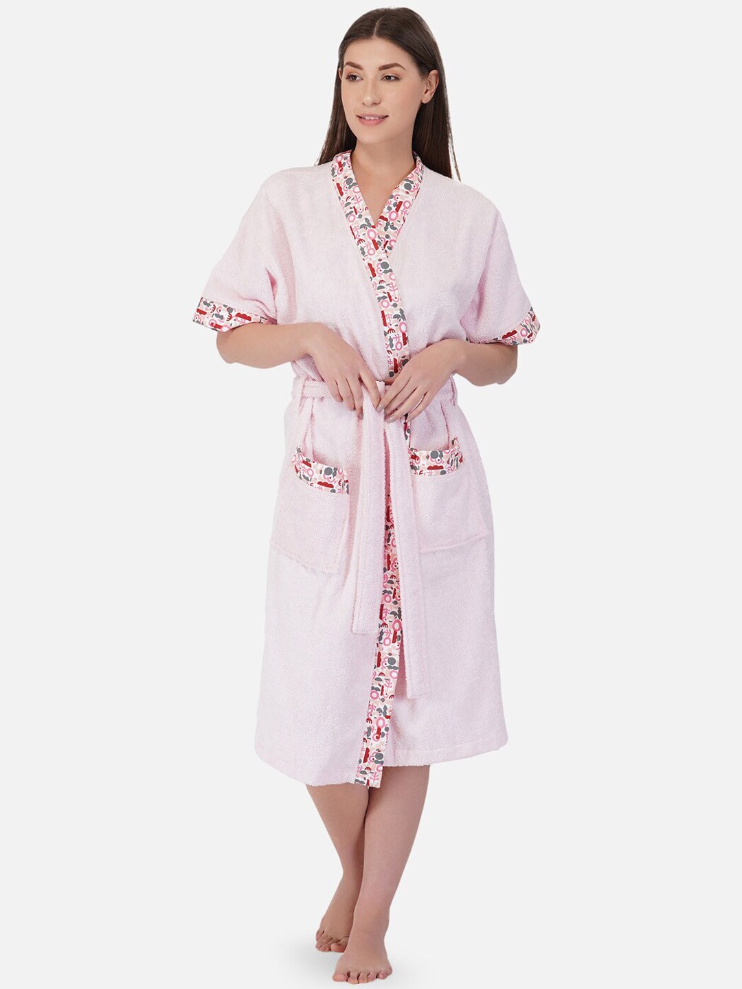 RANGOLI Women Pink Printed 420GSM Cotton Bath Robe with Slipper Price in India