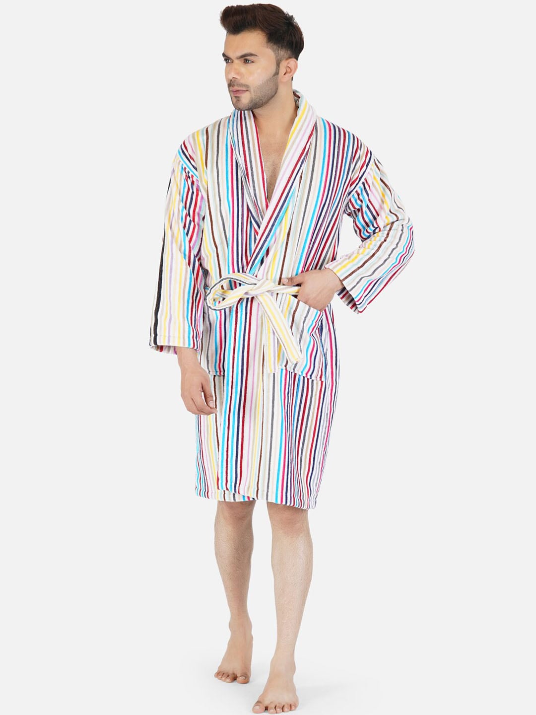 RANGOLI Men Multicoloured Striped 400 GSM Pure Bath Robe With Slippers Price in India