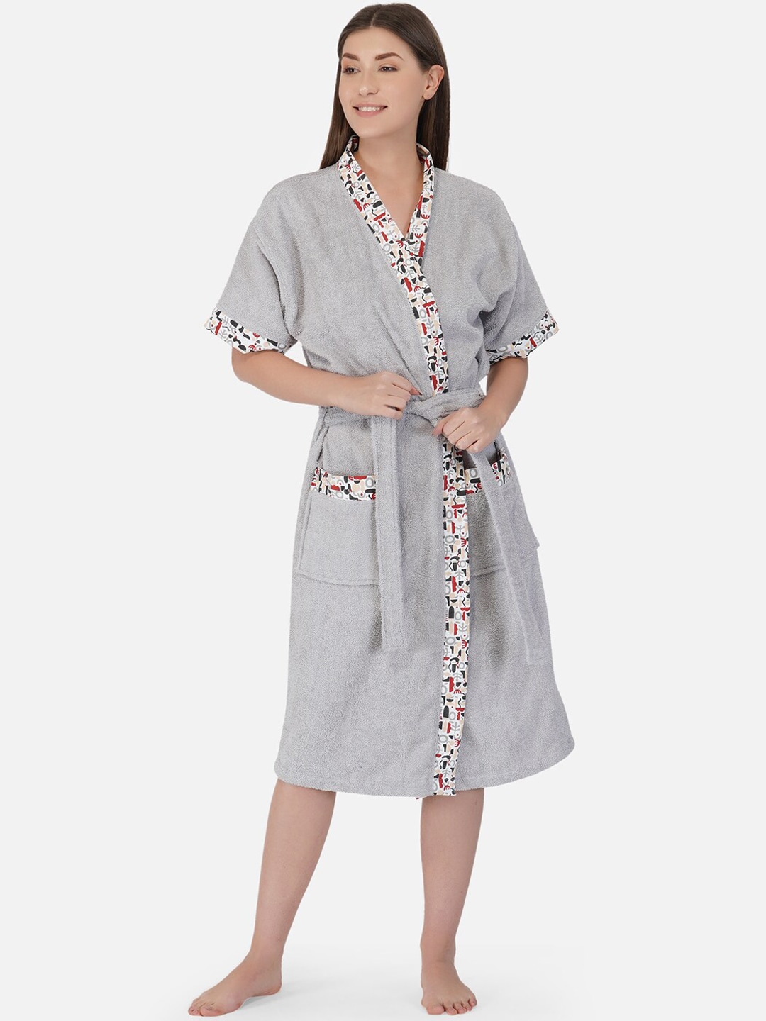 RANGOLI Women Grey 420 GSM Pure Cotton Bath Robe With Slippers Price in India
