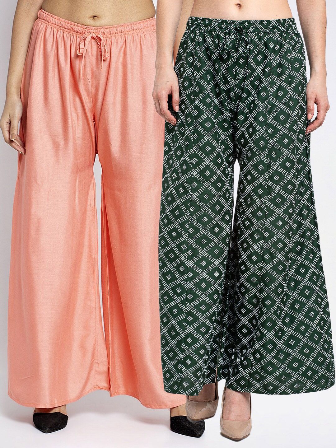 GRACIT Women Pack of 2 Peach-Coloured & Green Printed Flared Knitted Ethnic Palazzos Price in India