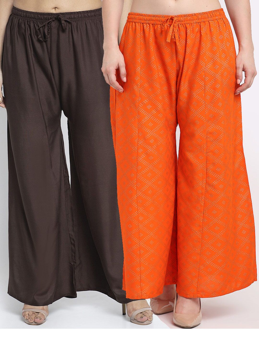 GRACIT Women Set Of 2 Brown & Orange Printed Flared Fit Palazzos Price in India