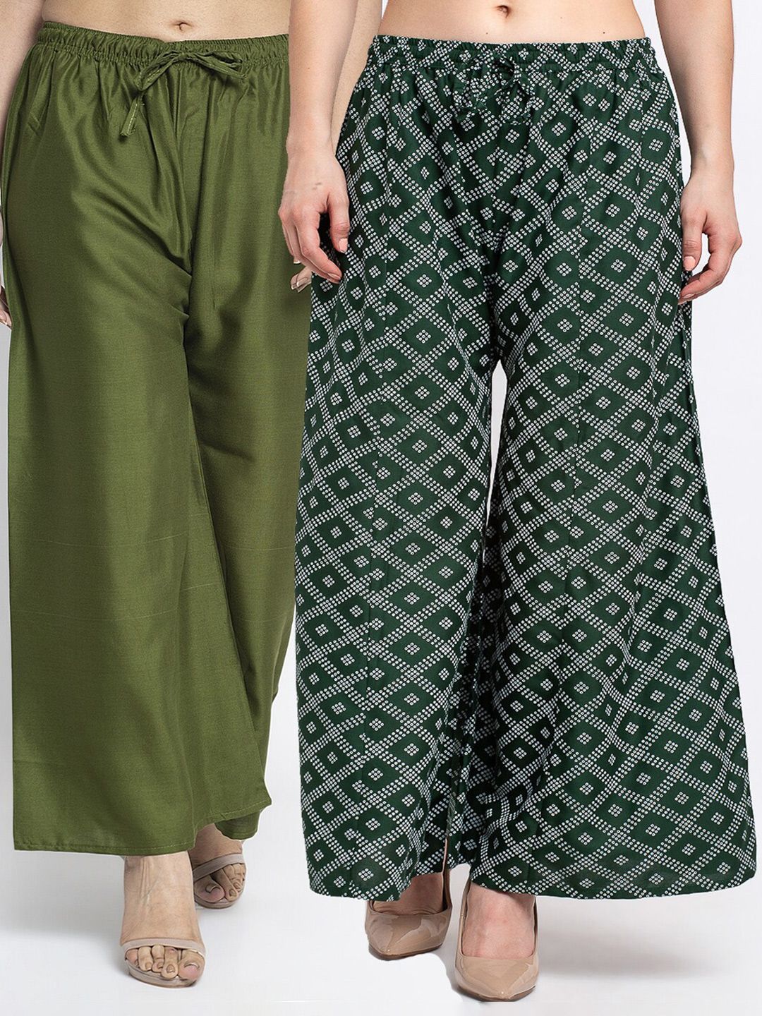 GRACIT Women Pack Of 2 Green & White Printed Flared Knitted Ethnic Palazzos Price in India