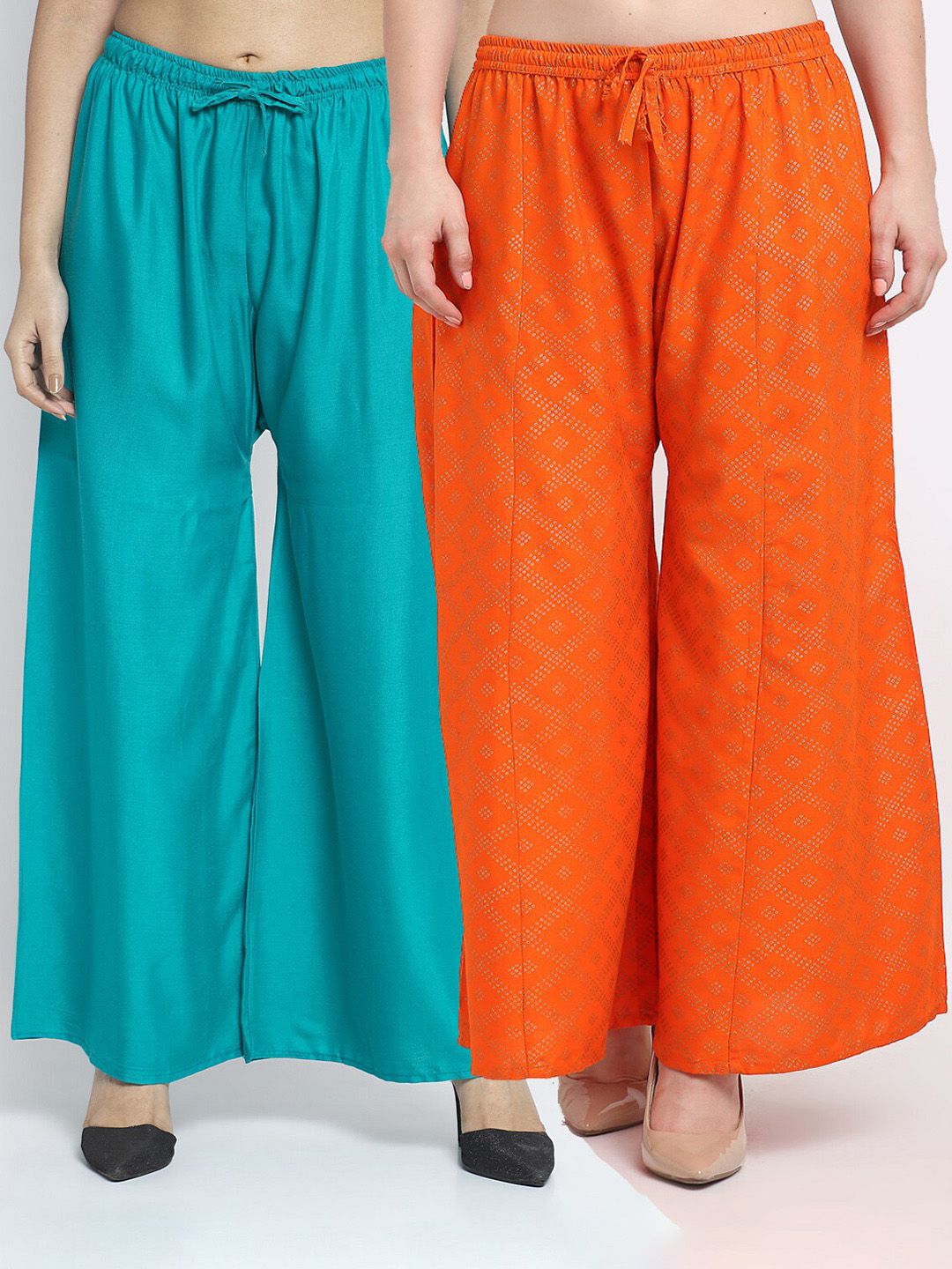 GRACIT Women Set Of 2 Green & Orange Flared Ethnic Palazzos Price in India