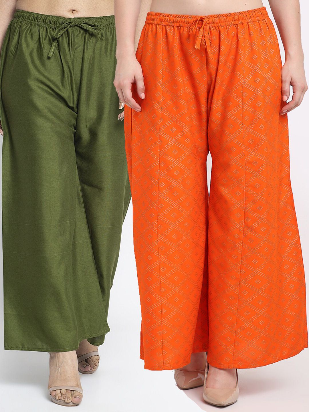 GRACIT Women Pack of 2 Green & Orange Printed Flared Knitted Ethnic Palazzos Price in India