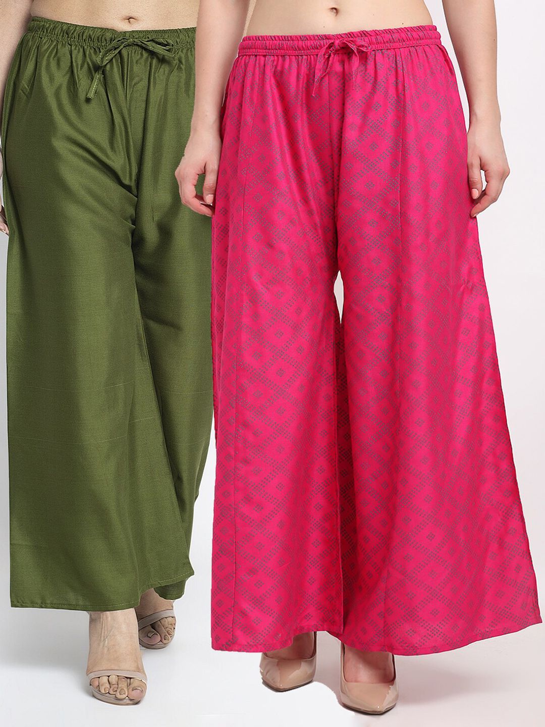 GRACIT Women Green & Pink Printed Flared Knitted Ethnic Palazzos Pack of 2 Price in India