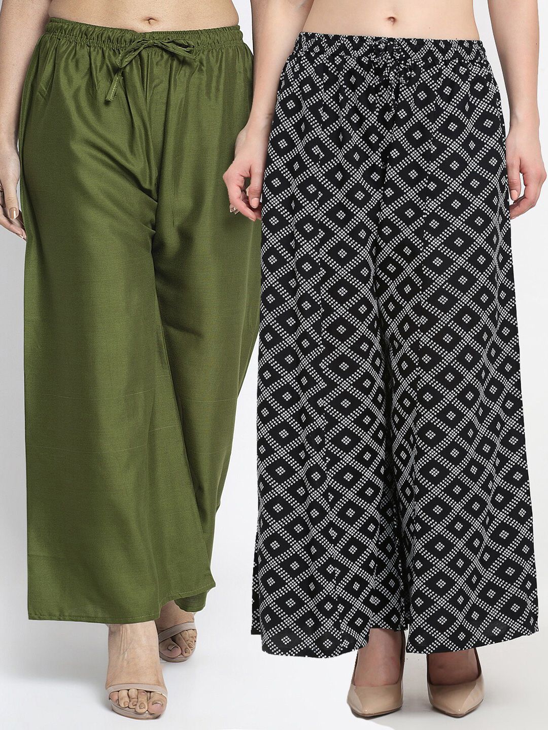 GRACIT Women Pack Of 2 Green & Black Printed Flared Knitted Ethnic Palazzos Price in India