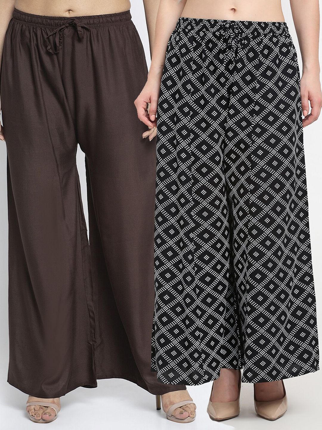 GRACIT Women Pack of 2 Brown & Black Printed Flared Knitted Ethnic Palazzos Price in India