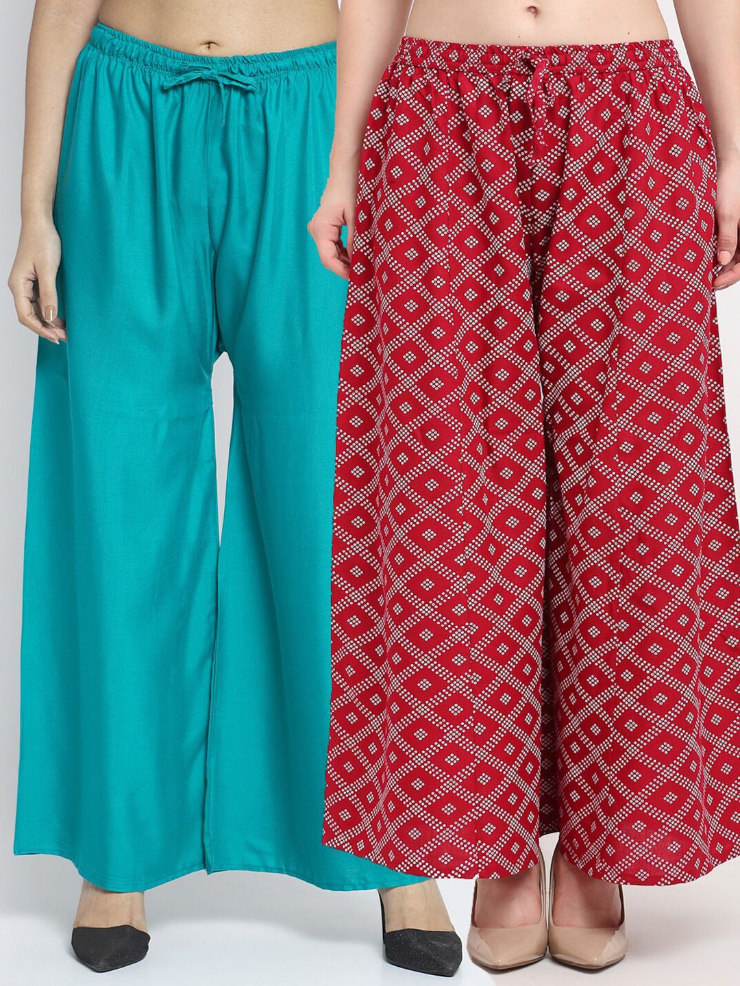 GRACIT Women Set Of 2 Green & Maroon Printed Flared Fit Palazzos Price in India