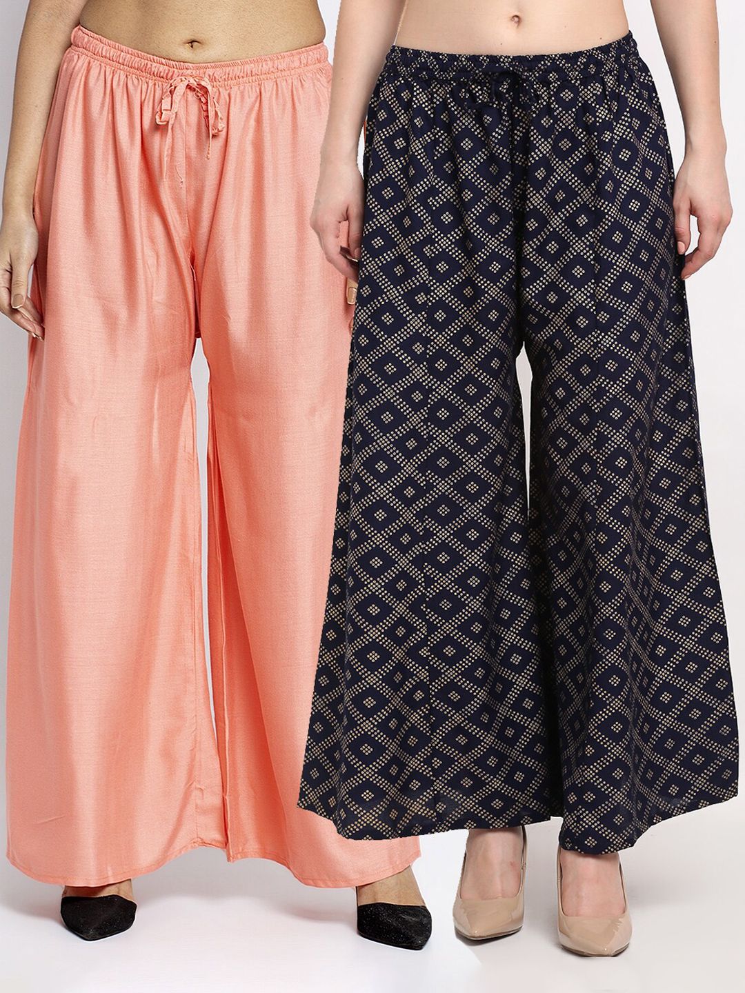 GRACIT Women Pack of 2 Peach-Coloured & Navy Blue Printed Flared Knitted Ethnic Palazzos Price in India