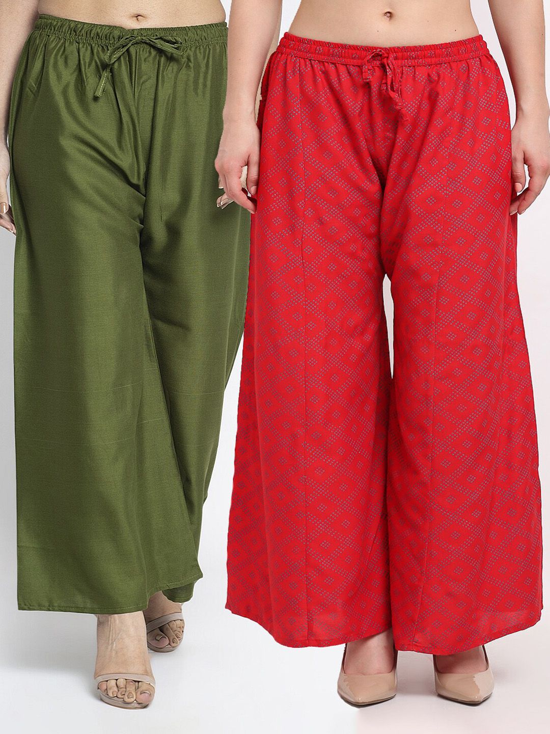 GRACIT Women Green & Red Set of 2 Printed Flared Knitted Ethnic Palazzos Price in India