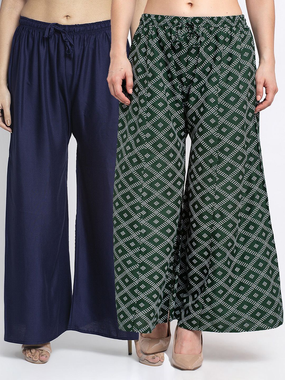 GRACIT Women Navy Blue & Green Printed Flared Knitted Ethnic Palazzos Set of 2 Price in India