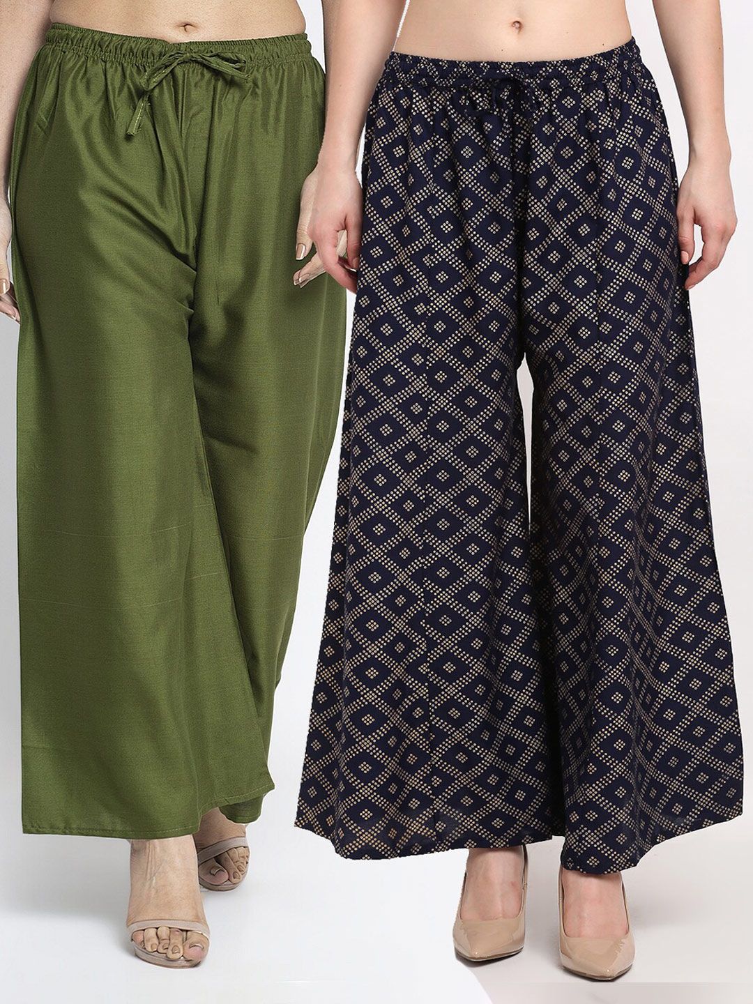 GRACIT Women Green & Navy Blue Pack of 2 Printed Flared Knitted Ethnic Palazzos Price in India