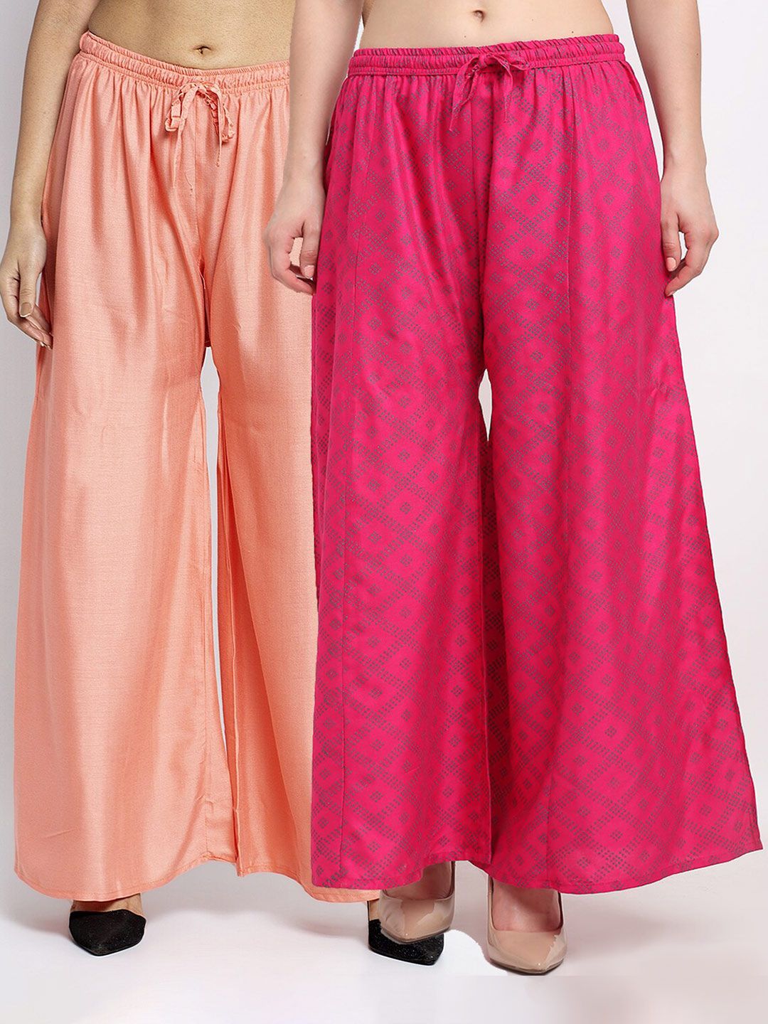 GRACIT Women Pack of 2 Peach-Coloured & Pink Printed Flared Knitted Ethnic Palazzos Price in India