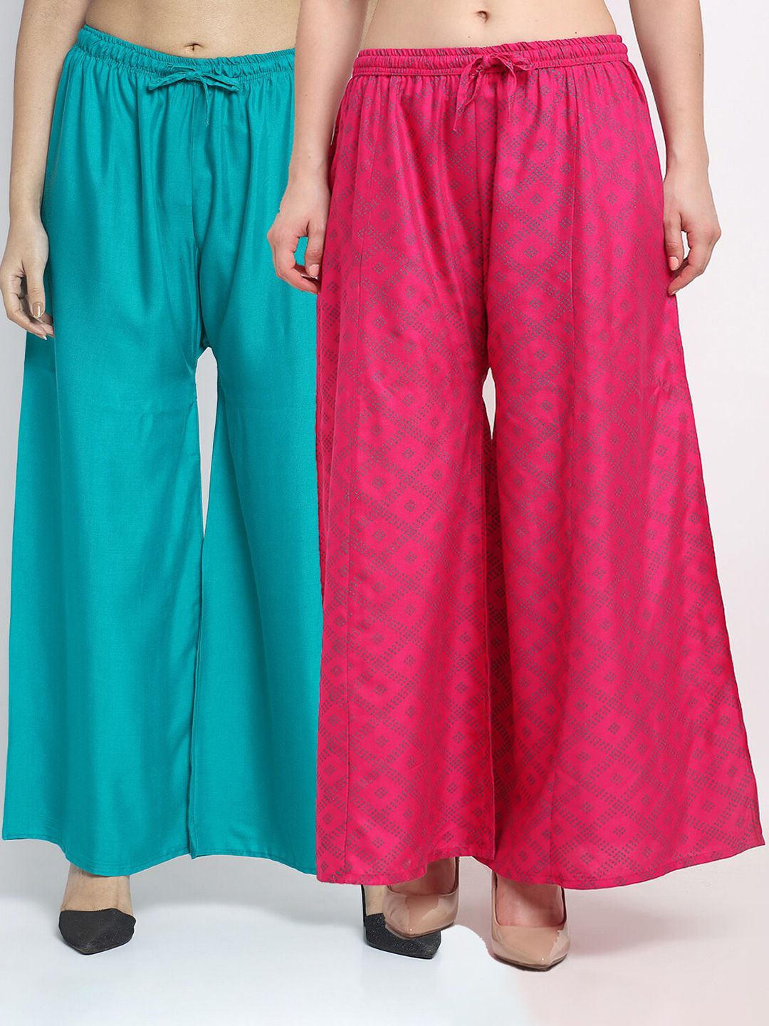 GRACIT Women Pack Of 2 Green & Pink Printed Flared Knitted Ethnic Palazzos Price in India