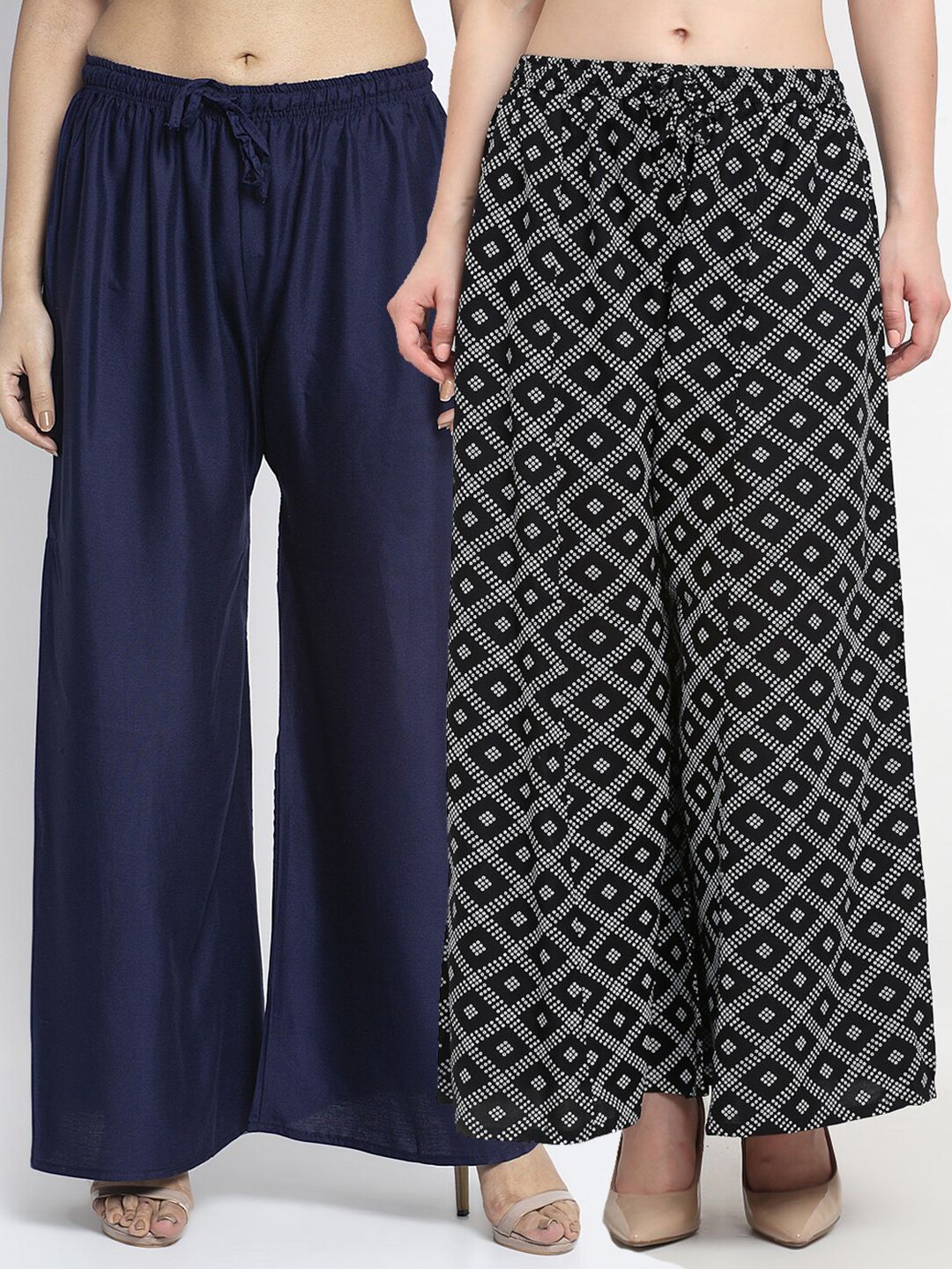 GRACIT Women Navy Blue & Black Set Of 2 Printed Flared Knitted Ethnic Palazzos Price in India