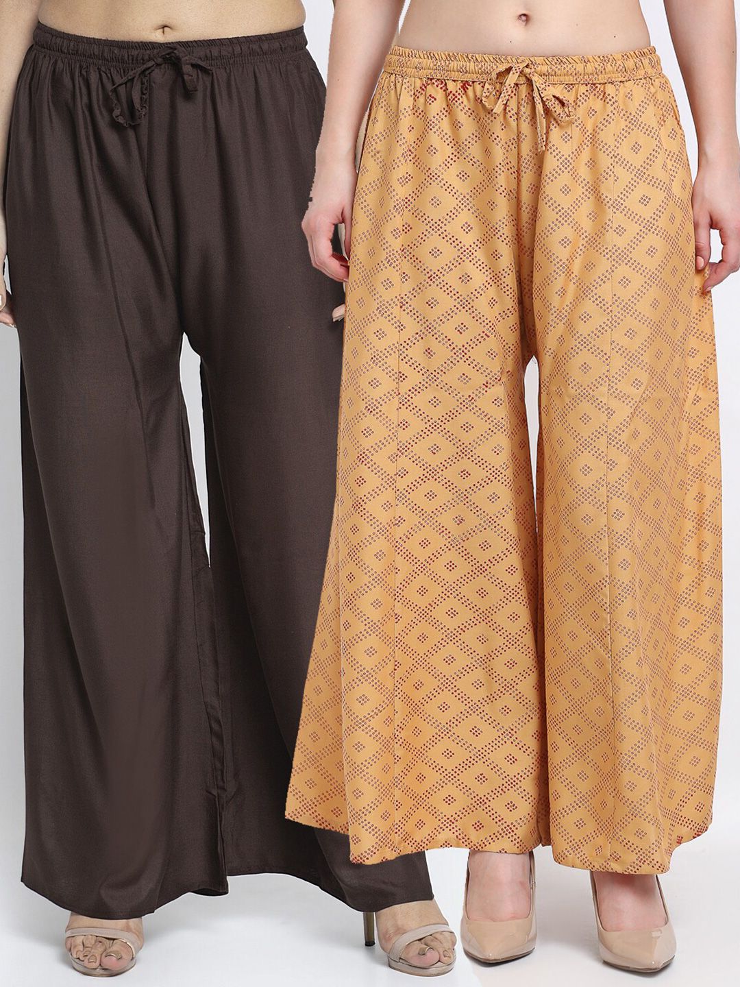 GRACIT Women Brown & Beige Set Of 2 Printed Flared Knitted Ethnic Palazzos Price in India