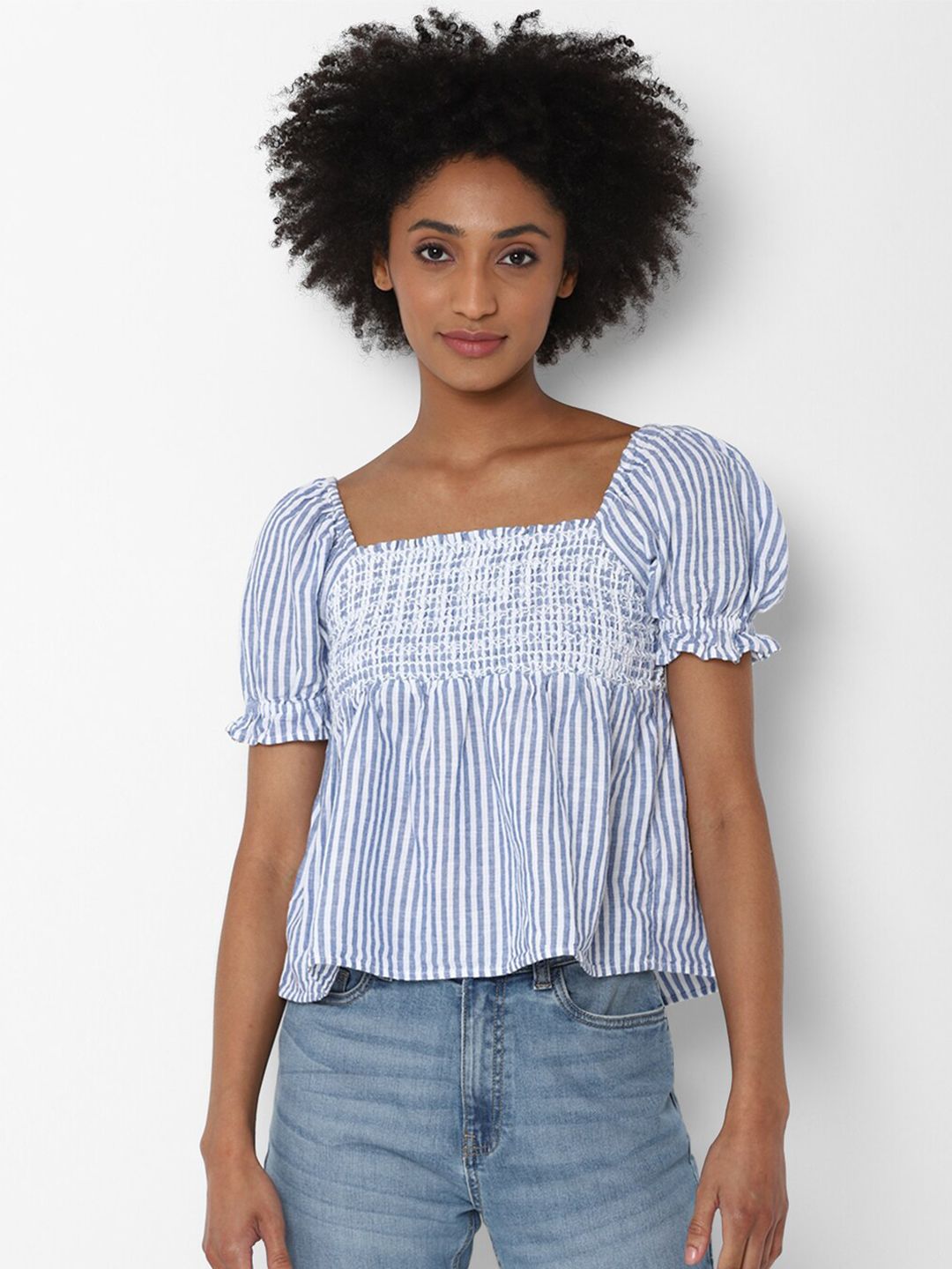 AMERICAN EAGLE OUTFITTERS Blue Striped Puff Sleeves Top